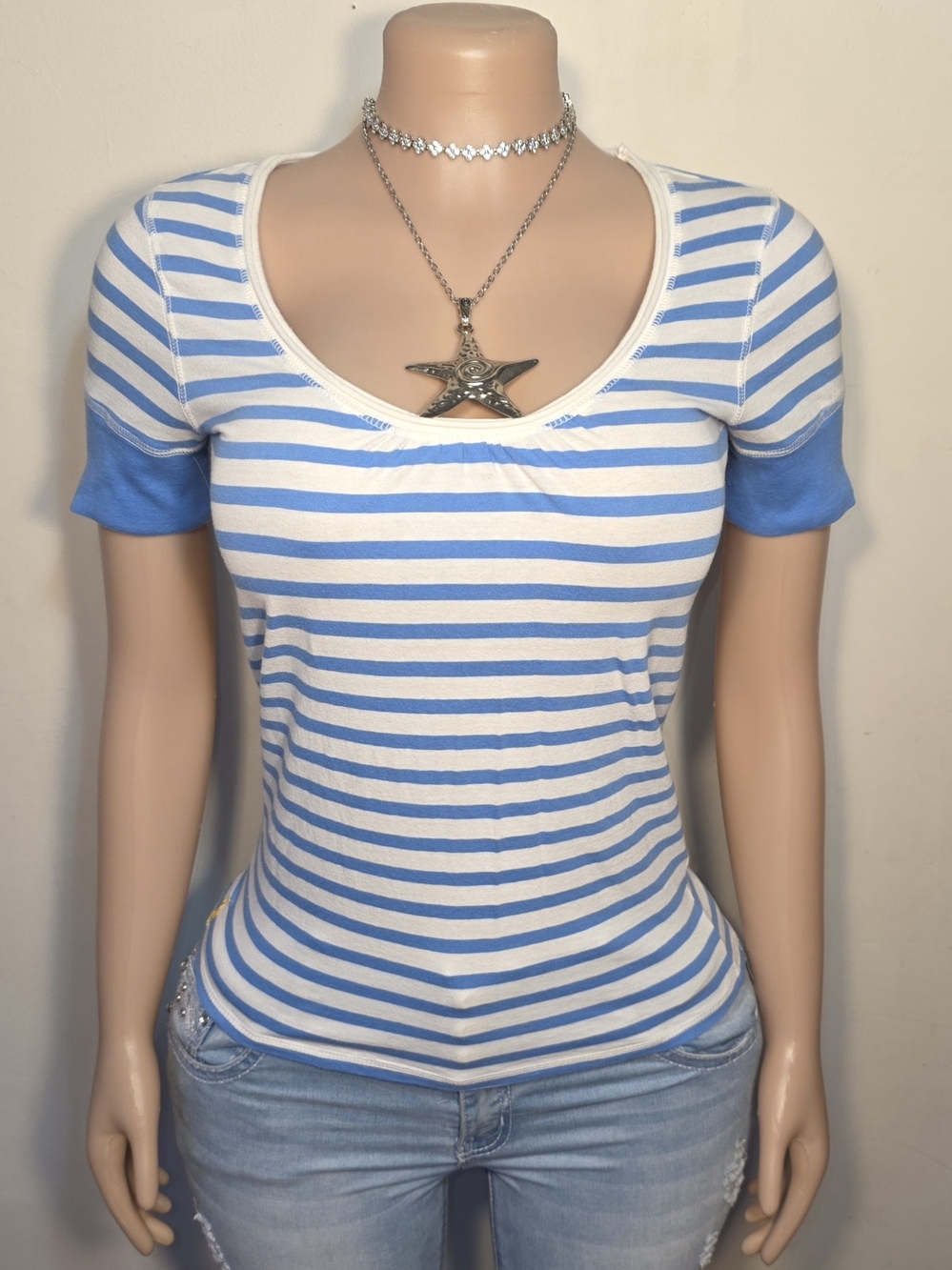 Ralph Lauren Blue & White Striped Scoop Neck Tee
